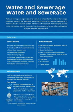 A detailed proposal document on water and sewerage services for consumers, featuring clear sections outlining service benefits, consumer rights, pricing, safety measures, environmental impact, and ongoing maintenance