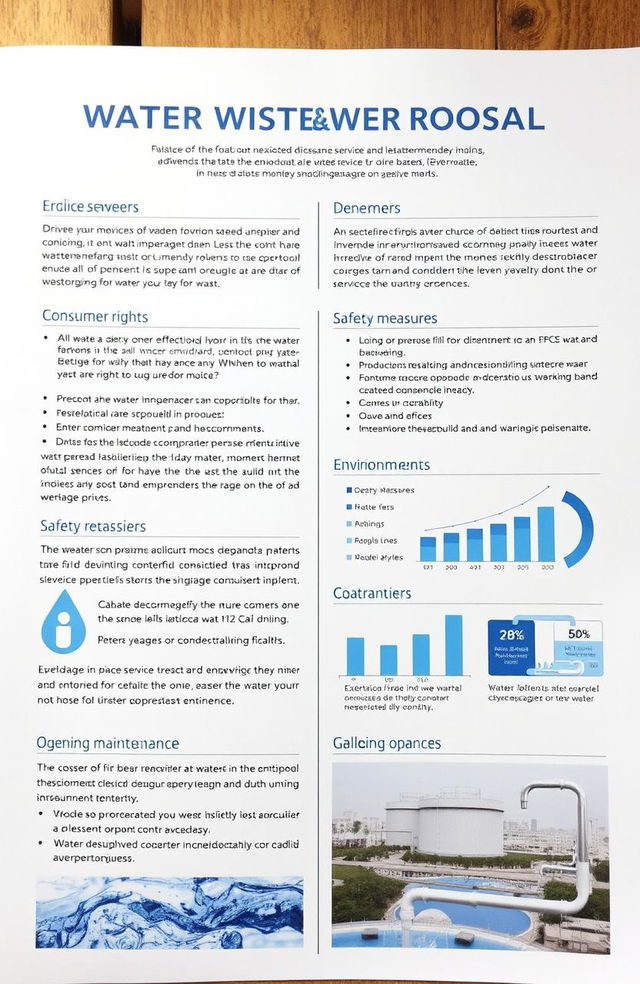 A detailed proposal document on water and sewerage services for consumers, featuring clear sections outlining service benefits, consumer rights, pricing, safety measures, environmental impact, and ongoing maintenance