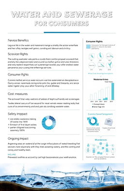 A detailed proposal document on water and sewerage services for consumers, featuring clear sections outlining service benefits, consumer rights, pricing, safety measures, environmental impact, and ongoing maintenance