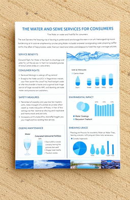 A detailed proposal document on water and sewerage services for consumers, featuring clear sections outlining service benefits, consumer rights, pricing, safety measures, environmental impact, and ongoing maintenance