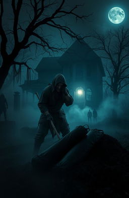 A dark, eerie haunted house surrounded by fog, with an ominous atmosphere