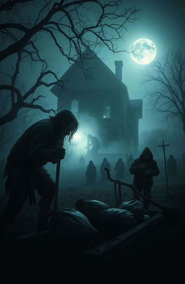 A dark, eerie haunted house surrounded by fog, with an ominous atmosphere