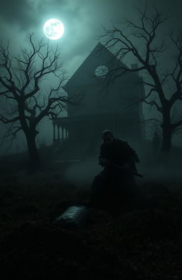 A dark, eerie haunted house surrounded by fog, with an ominous atmosphere