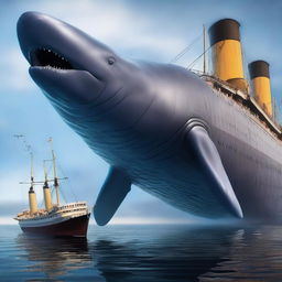 A hyper-realistic, high-definition, 4K representation of the world's largest sea creature alongside the Titanic.