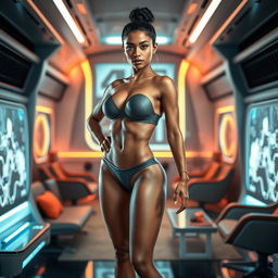 A stunningly fit young adult woman with Indian skin, confidently posed in a full-body view within a futuristic room
