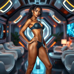 A stunningly fit young adult woman with Indian skin, confidently posed in a full-body view within a futuristic room