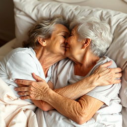 Two elderly women, embracing and sharing a tender kiss while lying together in a cozy and intimate setting