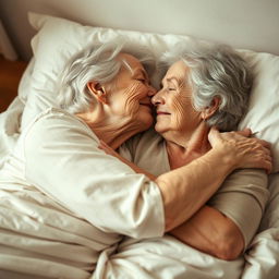 Two elderly women, embracing and sharing a tender kiss while lying together in a cozy and intimate setting