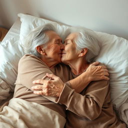 Two elderly women, embracing and sharing a tender kiss while lying together in a cozy and intimate setting