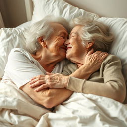 Two elderly women, embracing and sharing a tender kiss while lying together in a cozy and intimate setting