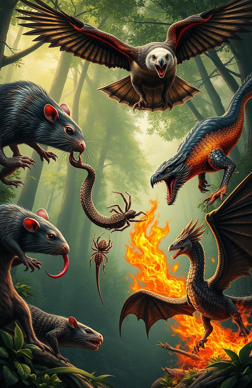 A dramatic food chain scene illustrating nature's brutal cycle, featuring a large rat actively consuming a spider in a lush forest setting, showcasing detailed textures of both the rat and spider