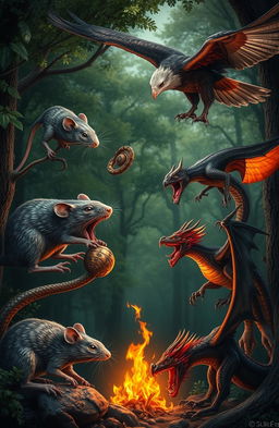 A dramatic food chain scene illustrating nature's brutal cycle, featuring a large rat actively consuming a spider in a lush forest setting, showcasing detailed textures of both the rat and spider
