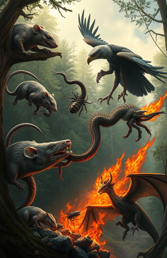 A dramatic food chain scene illustrating nature's brutal cycle, featuring a large rat actively consuming a spider in a lush forest setting, showcasing detailed textures of both the rat and spider