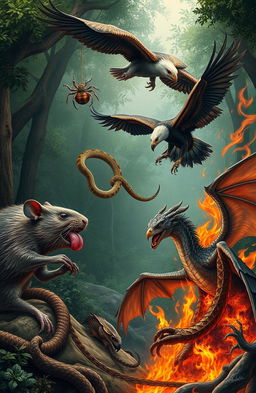 A dramatic food chain scene illustrating nature's brutal cycle, featuring a large rat actively consuming a spider in a lush forest setting, showcasing detailed textures of both the rat and spider