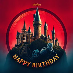 A stunning visual of Hogwarts Castle intricately merged with the Avengers Logo, showcasing the iconic elements of both worlds