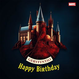 A stunning visual of Hogwarts Castle intricately merged with the Avengers Logo, showcasing the iconic elements of both worlds