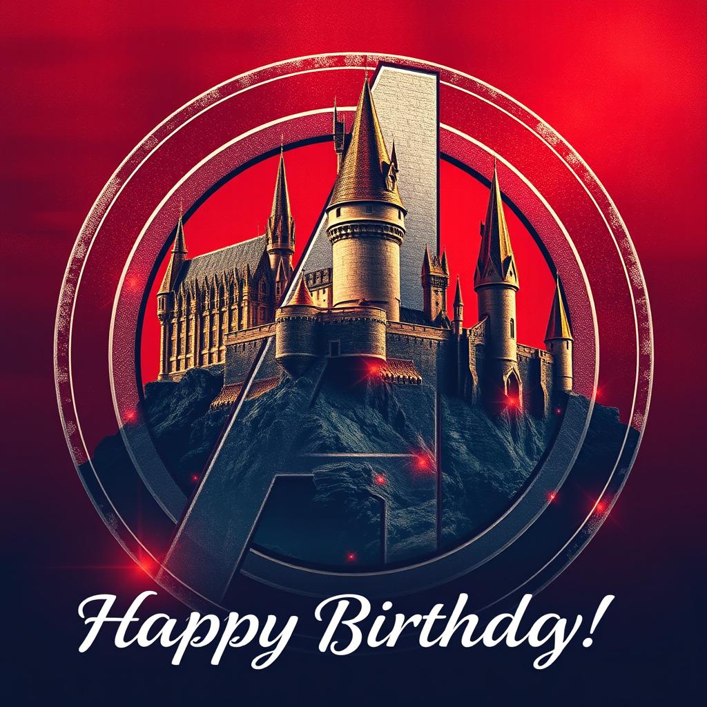A stunning visual of Hogwarts Castle intricately merged with the Avengers Logo, showcasing the iconic elements of both worlds
