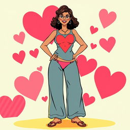 A stylized illustration of a confident woman with a big inverted heart shape on her dress or outfit, showcasing big culottes that emphasize her wide hips