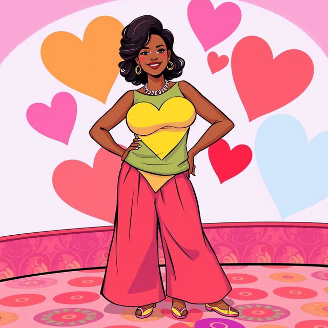 A stylized illustration of a confident woman with a big inverted heart shape on her dress or outfit, showcasing big culottes that emphasize her wide hips