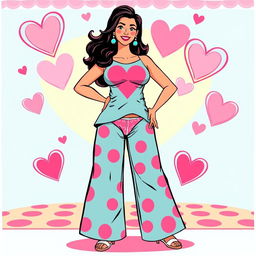 A stylized illustration of a confident woman with a big inverted heart shape on her dress or outfit, showcasing big culottes that emphasize her wide hips