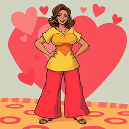 A stylized illustration of a confident woman with a big inverted heart shape on her dress or outfit, showcasing big culottes that emphasize her wide hips