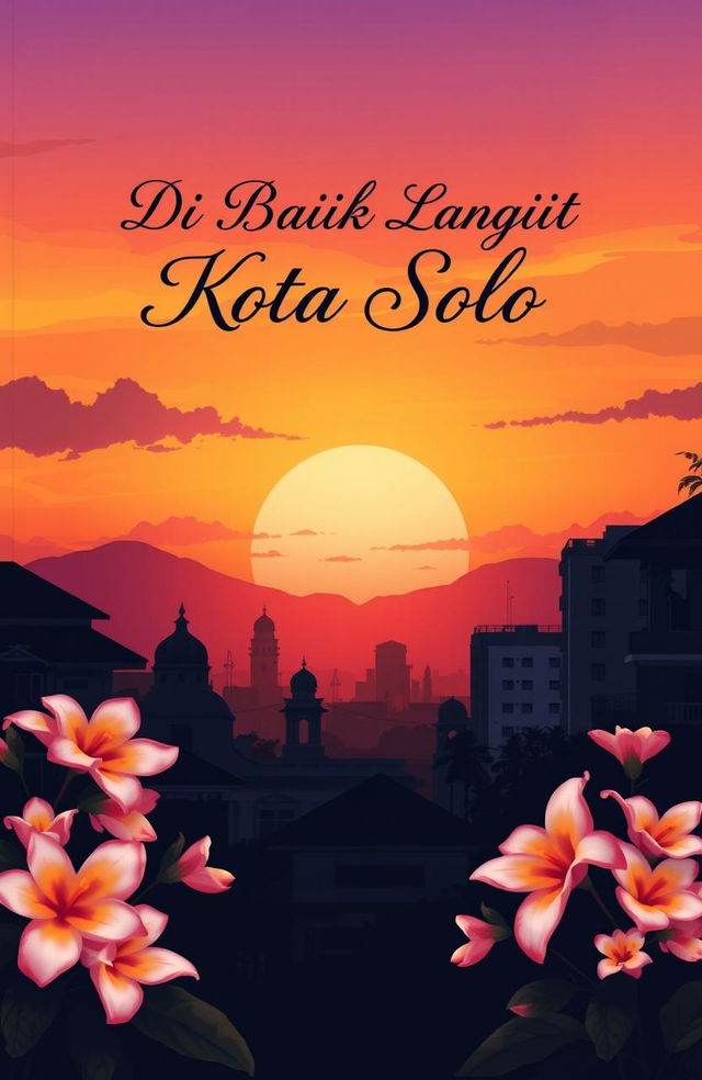 A serene and atmospheric cover illustration featuring the iconic skyline of Solo City, Indonesia, at sunset