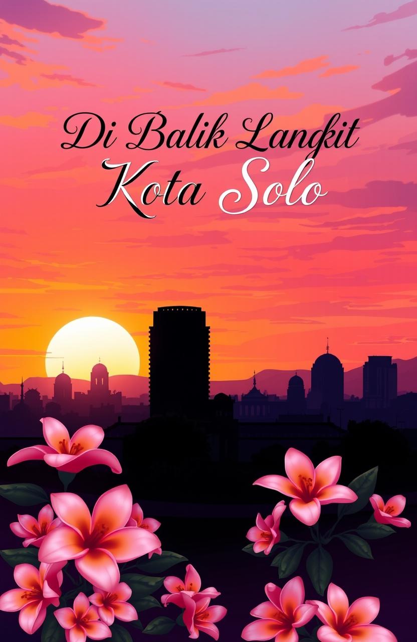 A serene and atmospheric cover illustration featuring the iconic skyline of Solo City, Indonesia, at sunset