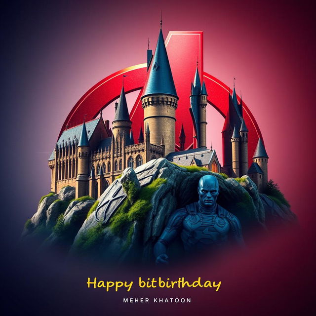 A vibrant and imaginative visual representation showcasing Hogwarts Castle from the Harry Potter series seamlessly merged with the Avengers Logo from Marvel