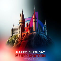 A vibrant and imaginative visual representation showcasing Hogwarts Castle from the Harry Potter series seamlessly merged with the Avengers Logo from Marvel