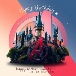 A vibrant and imaginative visual representation showcasing Hogwarts Castle from the Harry Potter series seamlessly merged with the Avengers Logo from Marvel