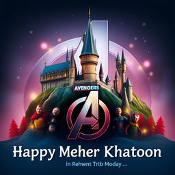 A vibrant and imaginative visual representation showcasing Hogwarts Castle from the Harry Potter series seamlessly merged with the Avengers Logo from Marvel