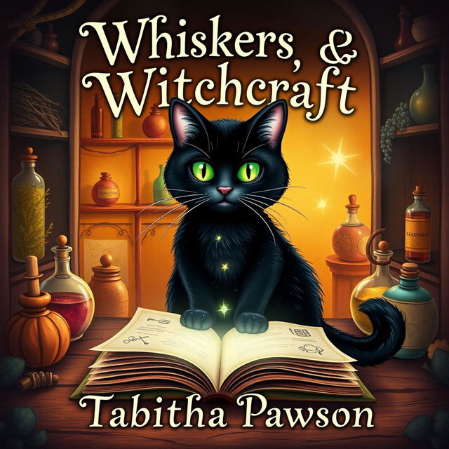 A whimsical book cover design for 'Whiskers & Witchcraft' by Tabitha Pawson