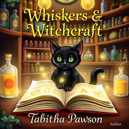 A whimsical book cover design for 'Whiskers & Witchcraft' by Tabitha Pawson