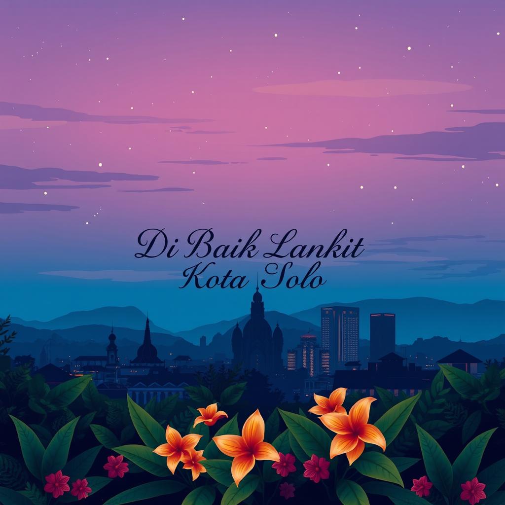A captivating cover illustration showcasing the enchanting skyline of Solo City, Indonesia, during twilight