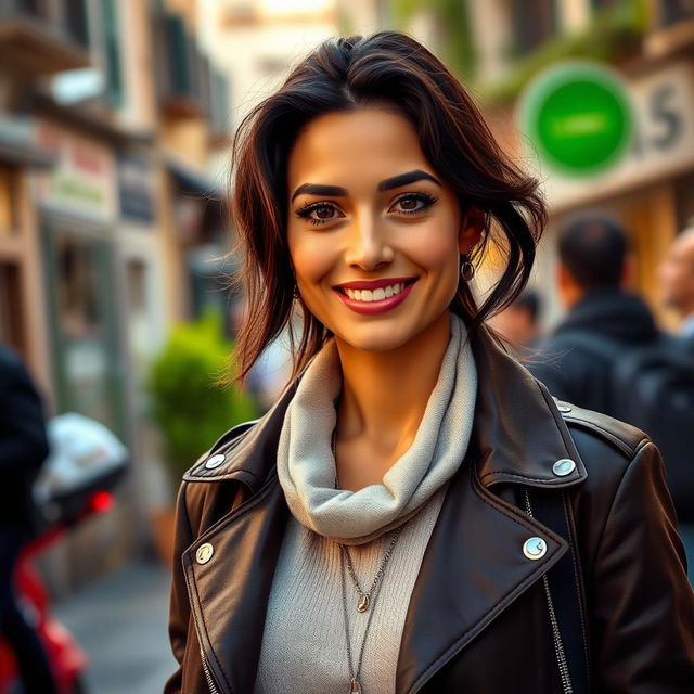 A 29-year-old Italian woman with olive skin and dark hair, wearing a stylish jacket