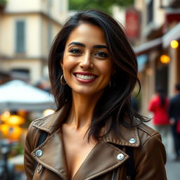 A 29-year-old Italian woman with olive skin and dark hair, wearing a stylish jacket
