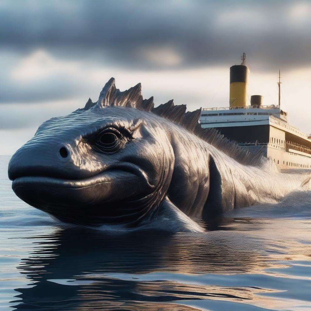 A Godzilla-like colossal sea fish next to the Titanic, presented in a high-definition, 4K, hyper-realistic style.