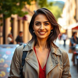 A 29-year-old Italian woman with olive skin and dark hair, wearing a stylish jacket