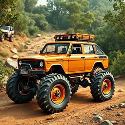 A Vaz 2106 car depicted in an off-road environment, equipped with large tractor wheels that enhance its rugged appearance