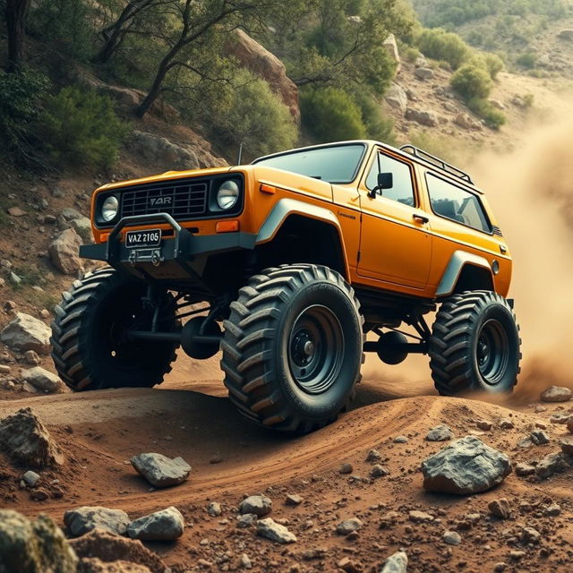 A Vaz 2106 car depicted in an off-road environment, equipped with large tractor wheels that enhance its rugged appearance