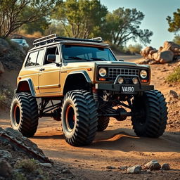 A Vaz 2106 car depicted in an off-road environment, equipped with large tractor wheels that enhance its rugged appearance