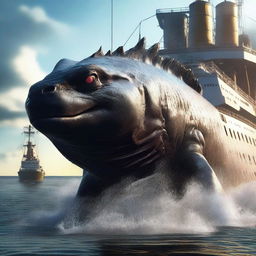 A Godzilla-like colossal sea fish next to the Titanic, presented in a high-definition, 4K, hyper-realistic style.