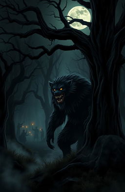 A dark and eerie forest under a full moon, showcasing twisted trees and fog creeping along the ground