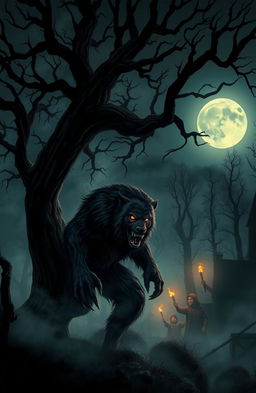 A dark and eerie forest under a full moon, showcasing twisted trees and fog creeping along the ground