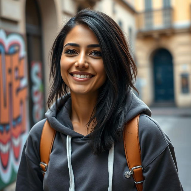 A 29-year-old Italian woman with olive skin and dark hair, wearing a casual hoodie