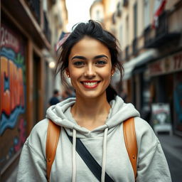 A 29-year-old Italian woman with olive skin and dark hair, wearing a casual hoodie