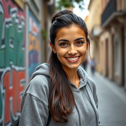 A 29-year-old Italian woman with olive skin and dark hair, wearing a casual hoodie