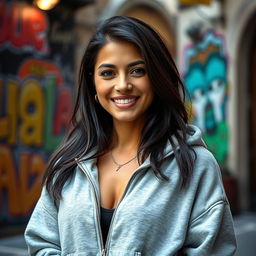 A 29-year-old Italian woman with olive skin and dark hair, wearing a casual hoodie