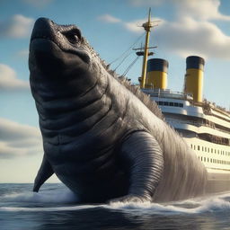 A Godzilla-like colossal sea fish next to the Titanic, presented in a high-definition, 4K, hyper-realistic style.