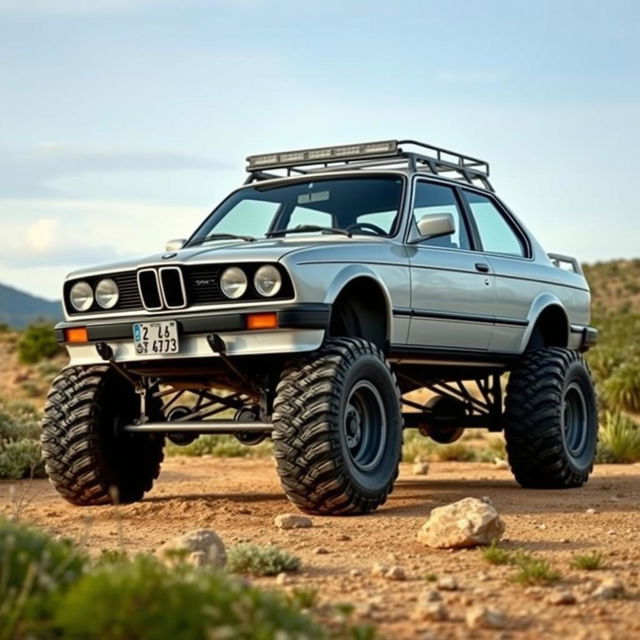 A BMW E30 car depicted in an off-road environment, equipped with large tractor wheels that add a rugged touch to its classic design